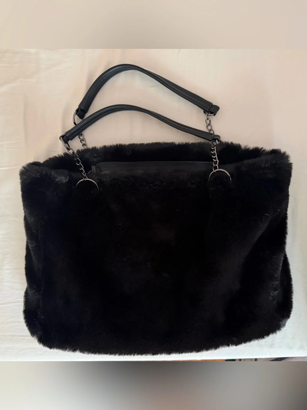 Black Faux Fur Tote Bag with Chain Handles